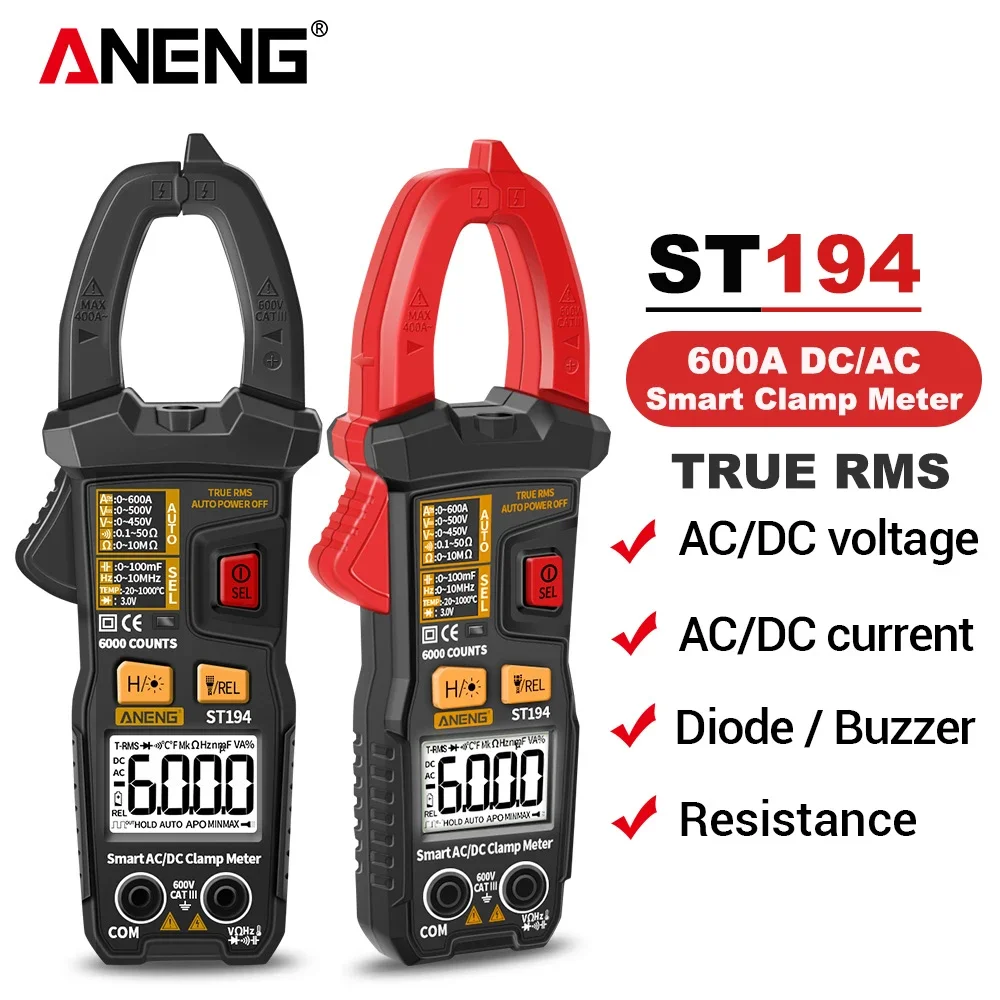 ANENG ST194 Digital Clamp Meter Multimeter DC/AC Current Tester 600V Voltage True RMS Amp Meters 6000 Count Capacitor multimetro