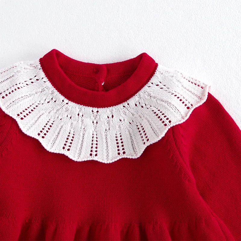 MILANCEL1-5Y Kids Clothes  Ruffle Collar Dress For Girls Knit A Line Red Dress Girls Knitwear