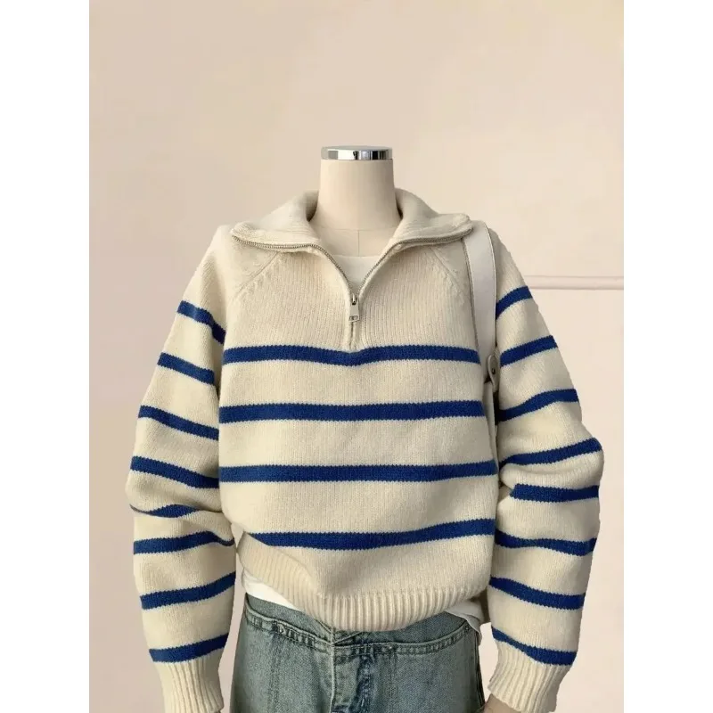 Fashion White Striped Half Zipper Polo Collar Sweater Women Tops Winter Loose Casual Knitted Pullovers Women Clothing