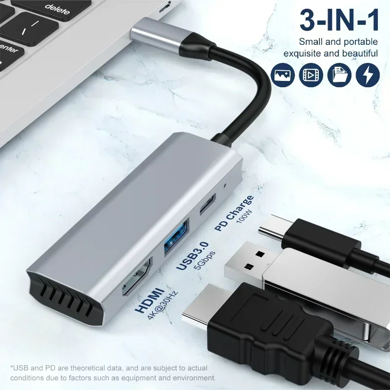 محول USB HUB 4K HD TYPE-C إلى HD 3 في 1 USB-C إلى HD hub 4K توسيع الكمبيوتر المحمول لـ MaBook Pro Ar M2 M1 مع usb3.0 PD