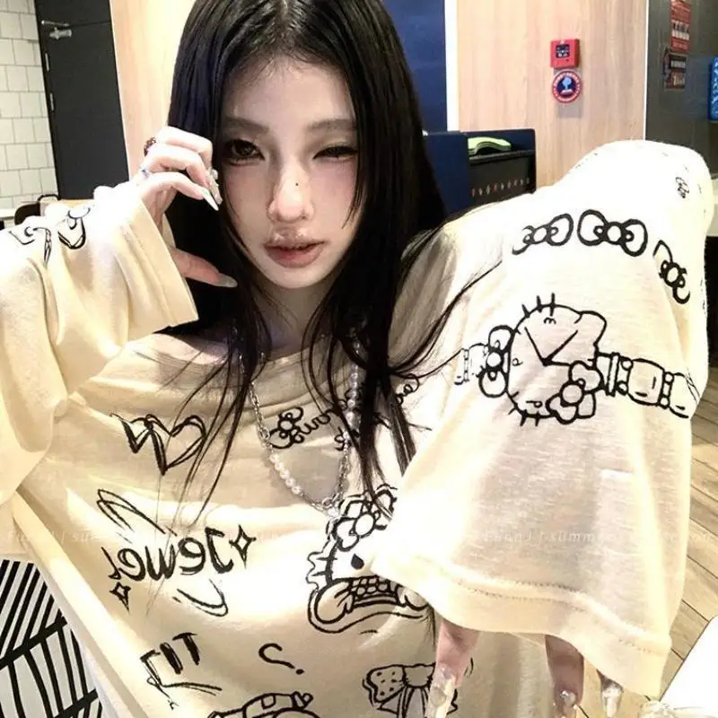 Lazy Style Spoof Kt Cat Printing Thin Long Sleeve T-Shirt Woman Loose Sun Protection Blouse Jacket Kawaii Summer Breathable Tops