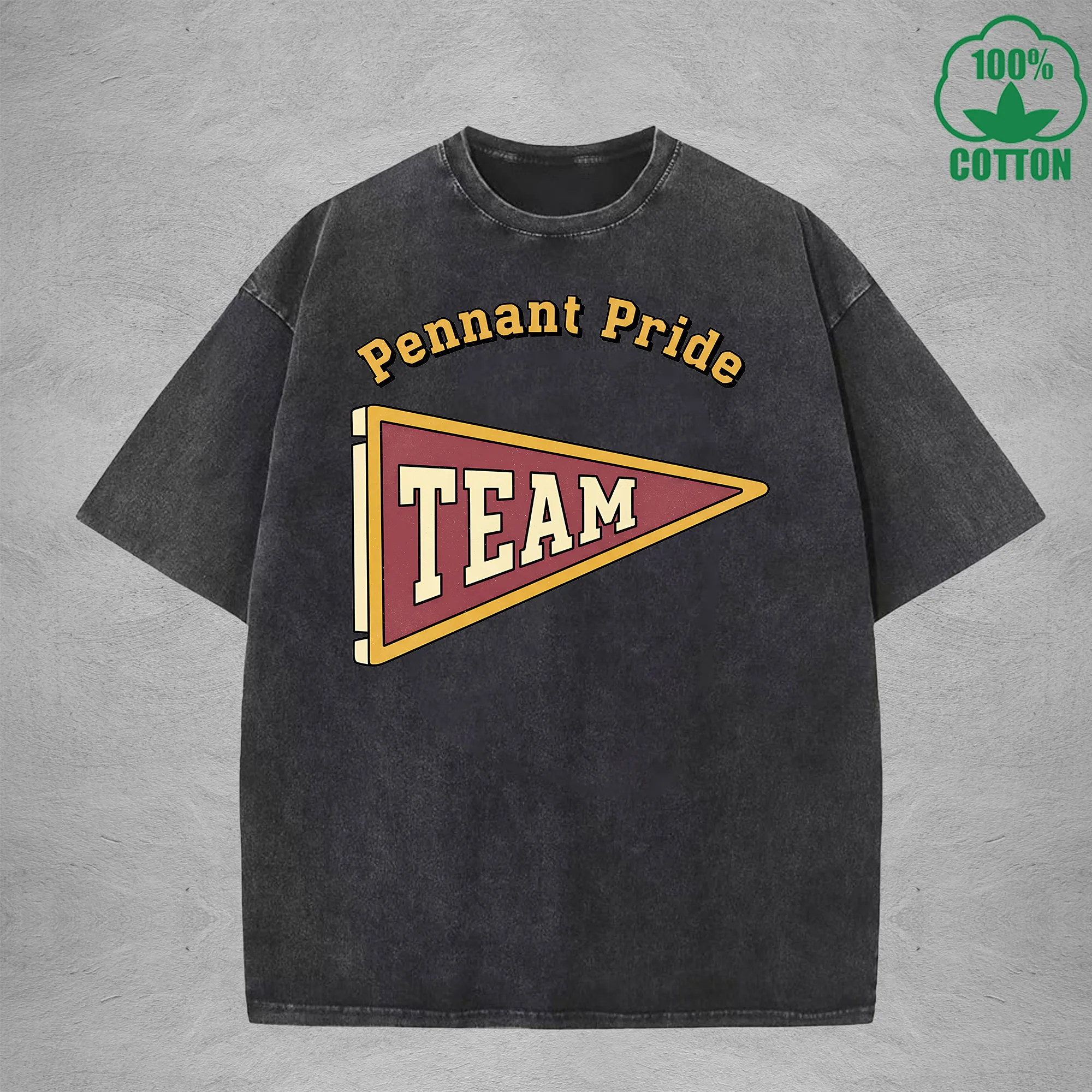 

Pennant Pride Printed Washed T-Shirt 230G Multicolor Loose Trendy Fashionable Cotton Short Sleeve Top