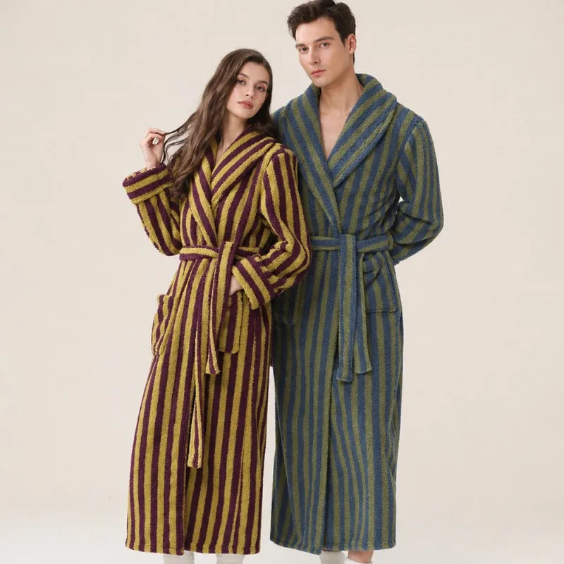 Autumn Winter Coral Fleece Bathrobe Thickened Stripe Men's and Women's Nightgown Couple Pajamas
