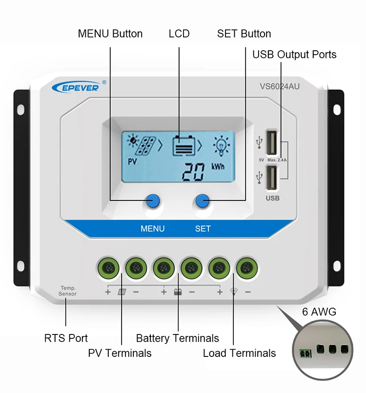 12/24/36/48VDC Auto Work VS3048AU 30A PWM Solar Charge Controller Manual