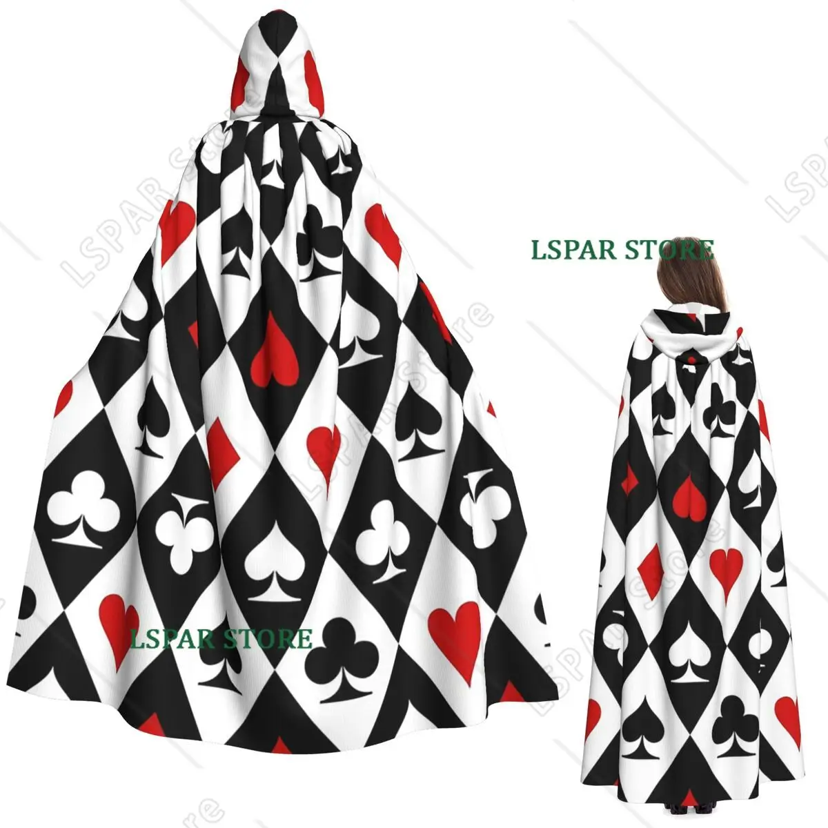 Playing Cards Suit Symbols Long Hooded Cloak Witch Medieval Costume Cosplay Cape HalloweenParty Adult Unisex