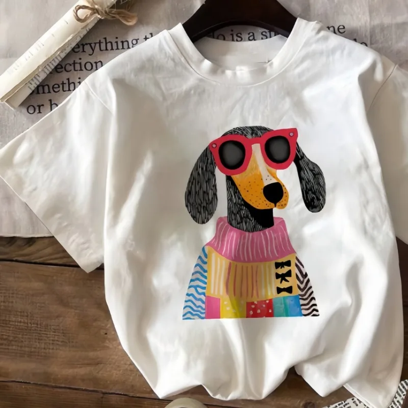 Cartoon Harajuku Fashion Puppy Printed Women's Short Sleeved T-shirt Casual Versatile Women's Daily and Outdoor Wear Size Up