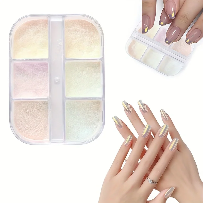 

6-grid Aurora White Dust Chrome Nail Powder - Holographic Glitter for DIY Nail Art, Shimmer Moonlight Effect, Versatile Shade fo