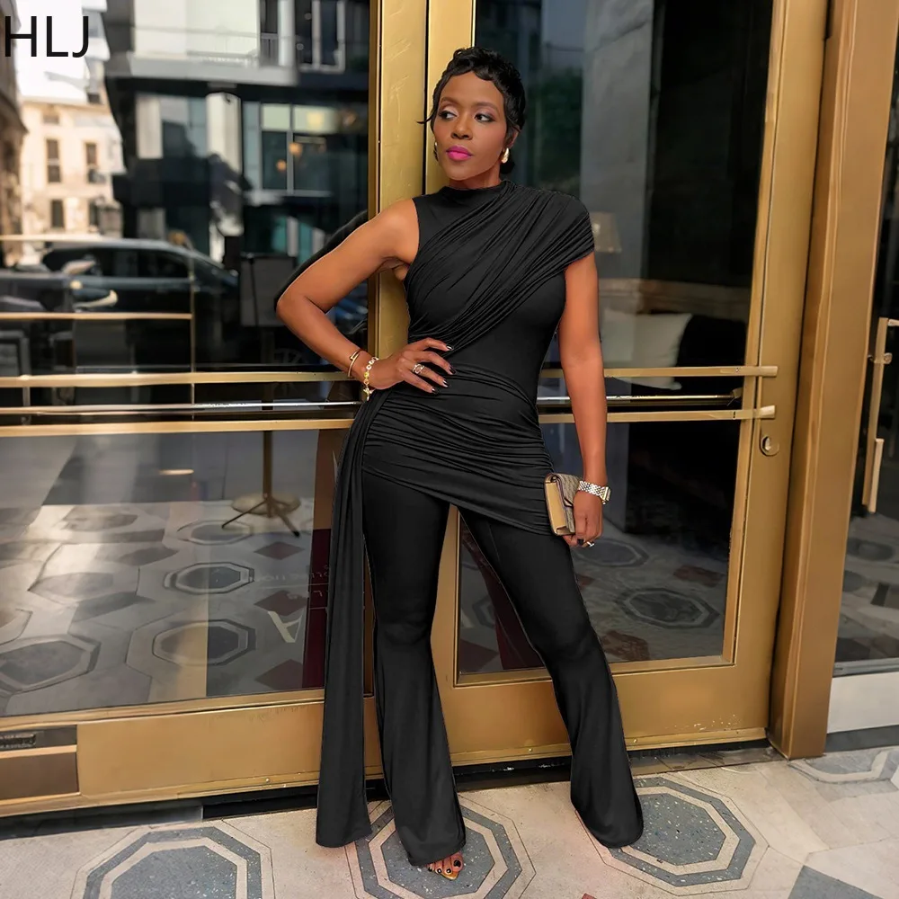 HLJ Casual Solid Color Ruched Patchwork Bodycon Jumpsuits for Woman Round Neck Shoulder Rompers Female Streetwear Overalls New