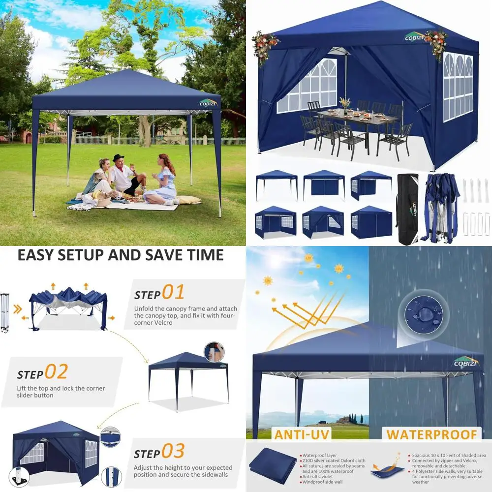 

10x10 Waterproof Pop-Up Canopy with 4 Sidewalls, Portable Shade Tent for Events, Camping, and Outdoor Activities (Navy Blue)