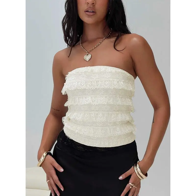 

Combhasaki Women Floral Lace Tube Tops Slim Fit Flower Off Shoulder Sleeveless Layered Ruffle Crop Shirts Summer Streetwear