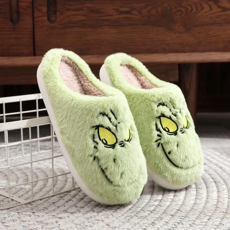 Christmas Plush Slippers Women Winter Warm Cute Home Green Haired Monster Slippers Funny Non Slip Cotten Shoes New Year Gift