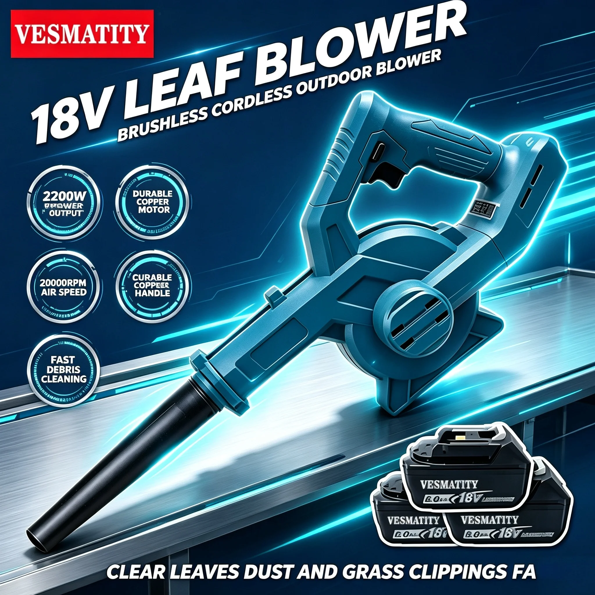 Garden VESMATITY Adjustable Cordless Leaf Blower Electric Air Blower Computer Dust Collector Snow Blowing for 18V-20V Battery