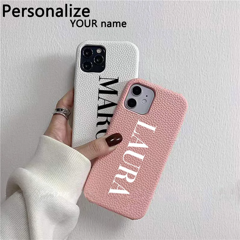 Personalised Initial letters Pebble Grain Leather Luxury Hard Case for iphone 13 Pro Max 12 11 Pro Max X XS XR 7 8 Plus SE Cover