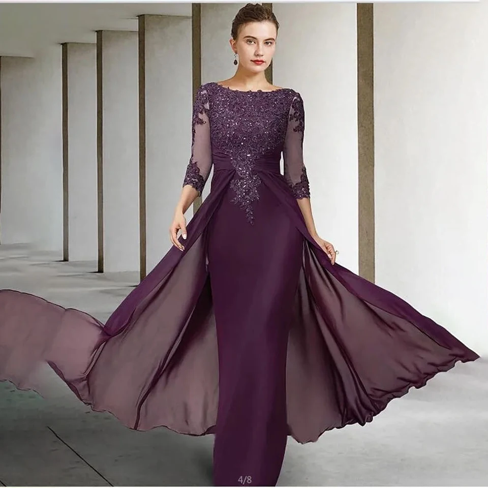 

Custom Made Mother of the Bride Dress Formal Gowns Elegant Sparkle Shine Jewel Neck Asymmetrical Floor Chiffon Lace 3/4 Sleeves