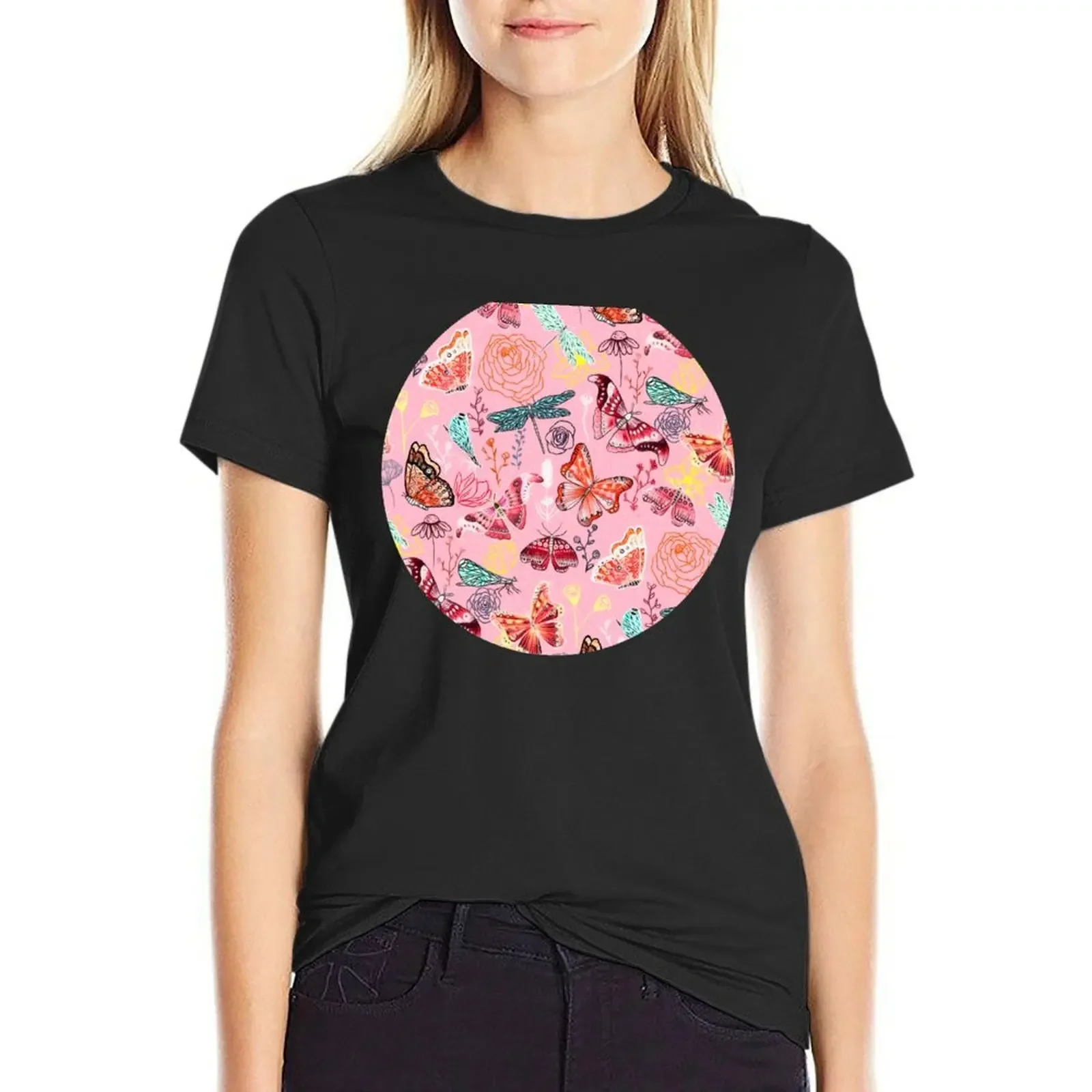 Dragonflies, Butterflies, Moths and Floral Design on Millennial Pink T-Shirt cute clothes Women's clothing