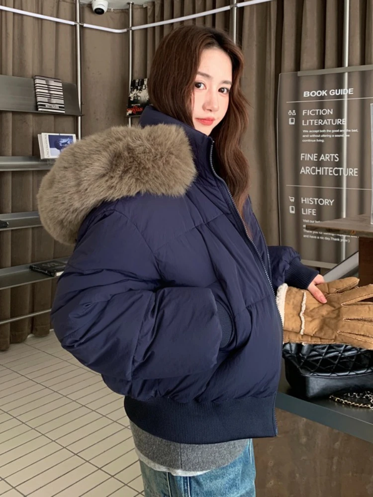 두꺼운 여성용 겨울 2025 재킷 한국 스타일 다운 코튼 코트 캐주얼 따뜻한 퍼 후드 크롭 파카 시크 스트리트웨어 ﻿