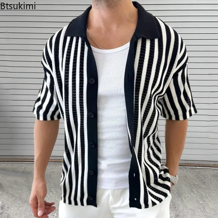 New 2025 Men's Summer Striped Knitted Polo Shirts Short Sleeve Turn-down Collar Button Cardigan Top for Men Casual Knitted Shirt