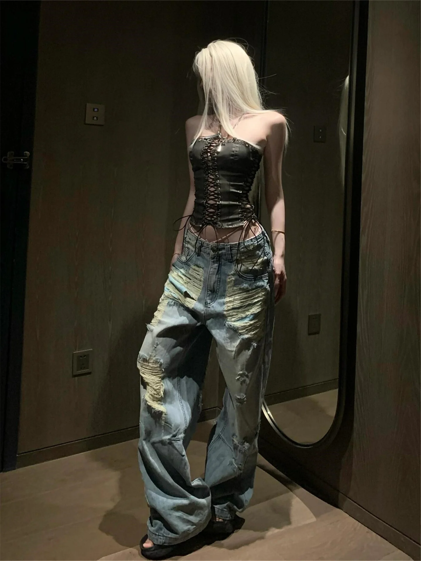 

Retro American Hole Denim Jeans Women Summer Thin Loose Drapey High Length Hot Girl Extended Straight Leg Wide Leg Pants