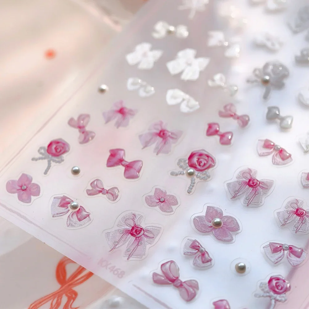 Kolorowa kokardka 5D jedwabna wstążka kokardka uroczy kwiat kwiatowy truskawka wiśnia miłość serce naklejka artystyczna do paznokci samoprzylepna naklejka do Manicure