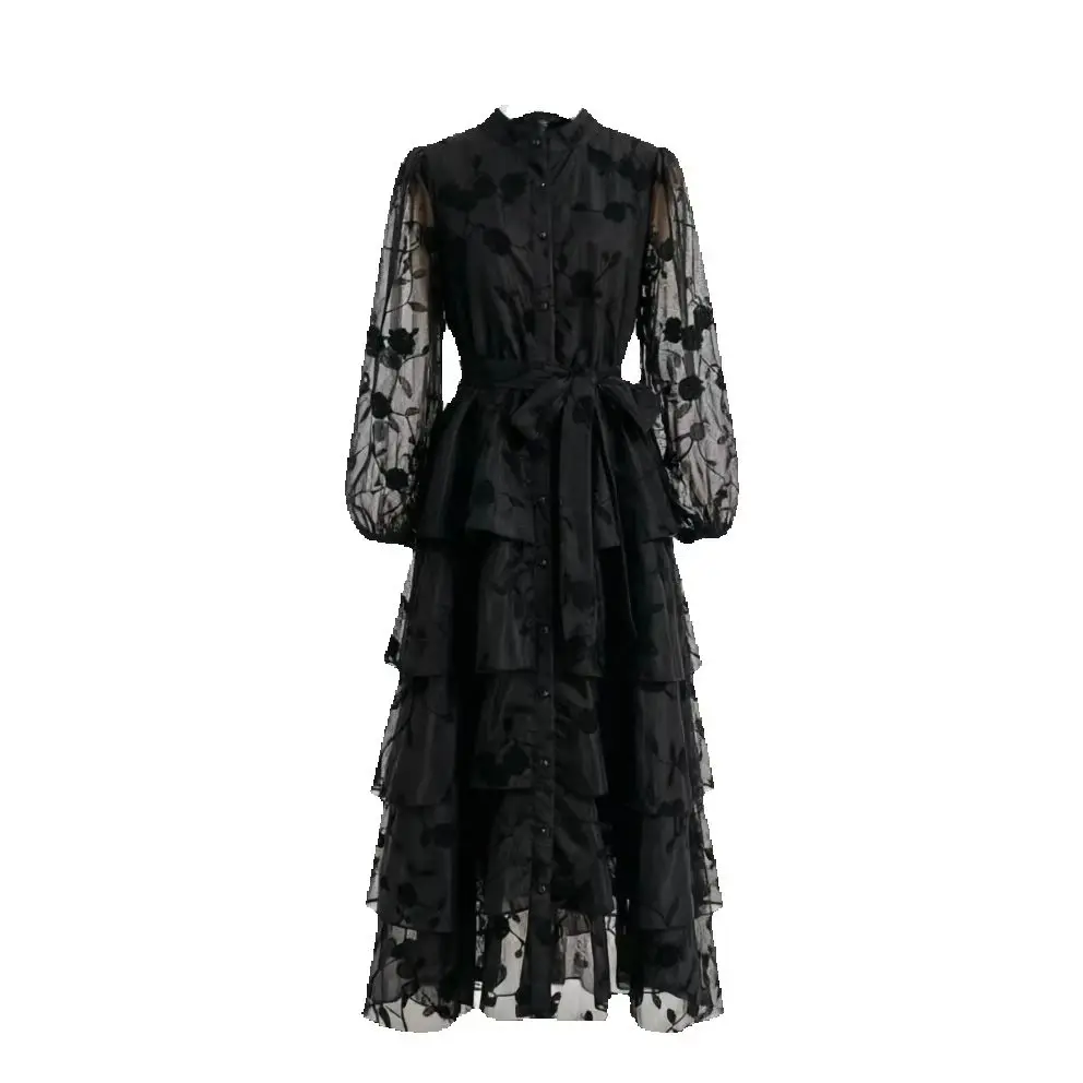 

Women Black Floral Embroidery Tiered Maxi Dress Long Sleeve Stand Collar Mesh Sheer Cake Dress Elegant Party Evening Vestidos