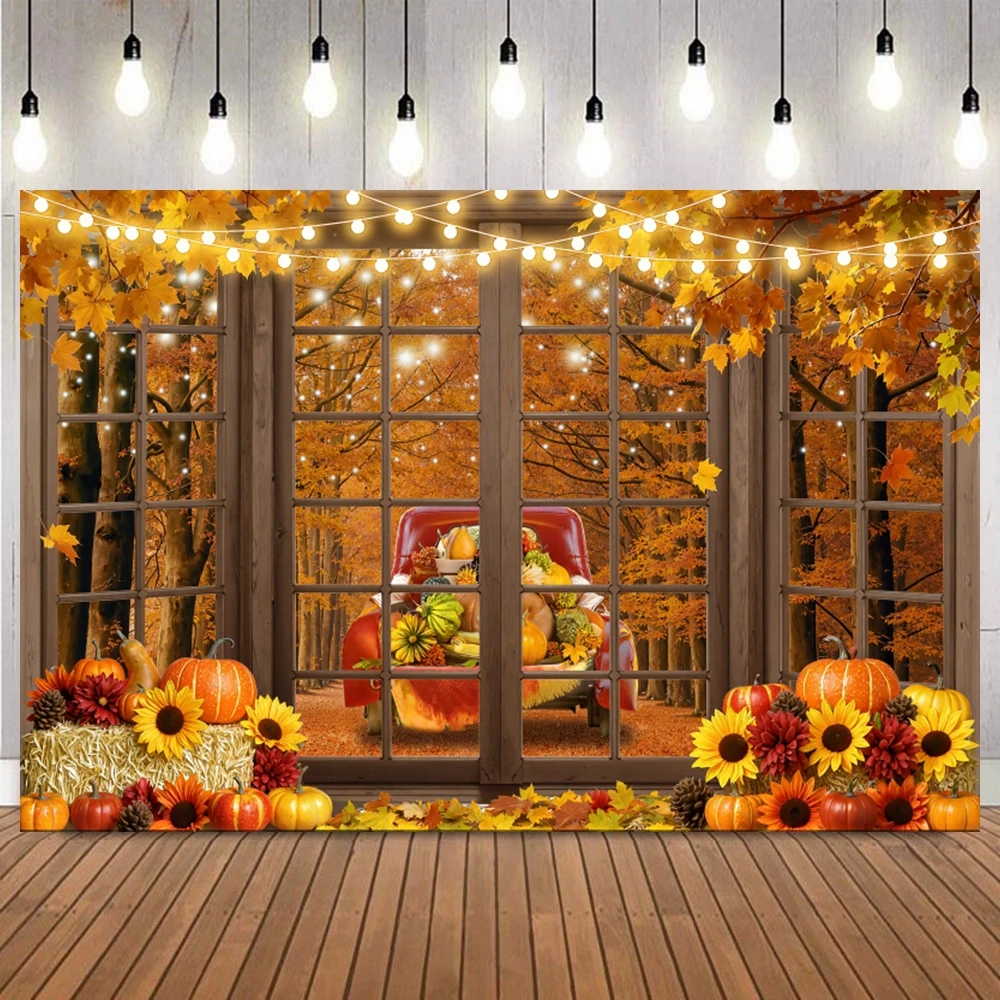 

Благоприятный осенний урожай тематический фон для фотосъемки лес клен опавшие листья окно тыквы подсолнечник фото фон Декор