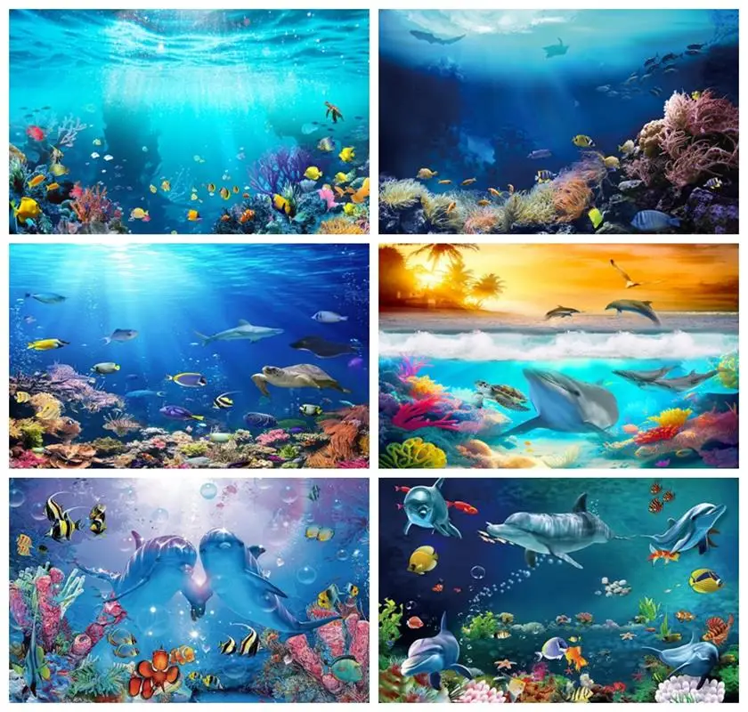 

Laeacco Summer Ocean Under Sea Seabed World Backdrop Colorful Marine Coral Fishes Aquarium Kid Portrait Photography Background