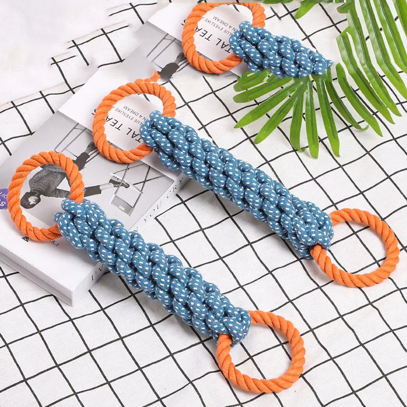 Pet dog toy Double-ring chewable cotton knot toy Tooth cleaning Durable braided bone rope Pet teething toy Pet supplies