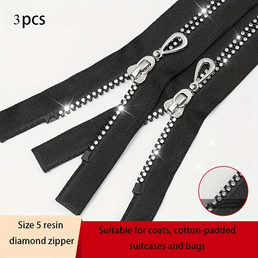 3 pcs 5# 40-60cm resin diamond zipper,AB rhinestone trim, separation automatic locking zipper, suitable for clothing, bags