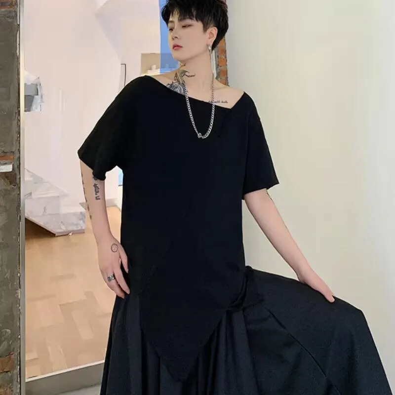 

Черная мужская корейская летняя версия, футболка неправильной формы и белая индивидуальная лоскутная футболка для парикмахера с коротким рукавом