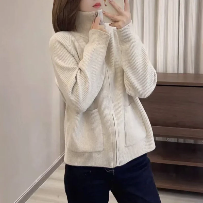 Однотонный вязаный кардиган на молнии с высоким воротом для женщин осенью и зимой, толстый топ, корейский свободный ленивый свитер, куртка