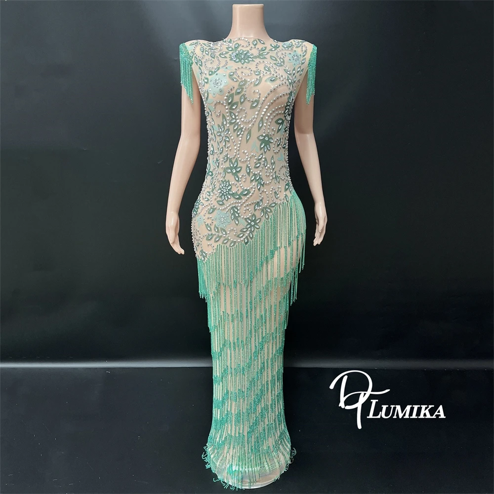 DTLumika vert glands longue gaine robe de soirée perles cristaux robes de soirée robes de Cocktail avec des glands robe de soirée de Cocktail