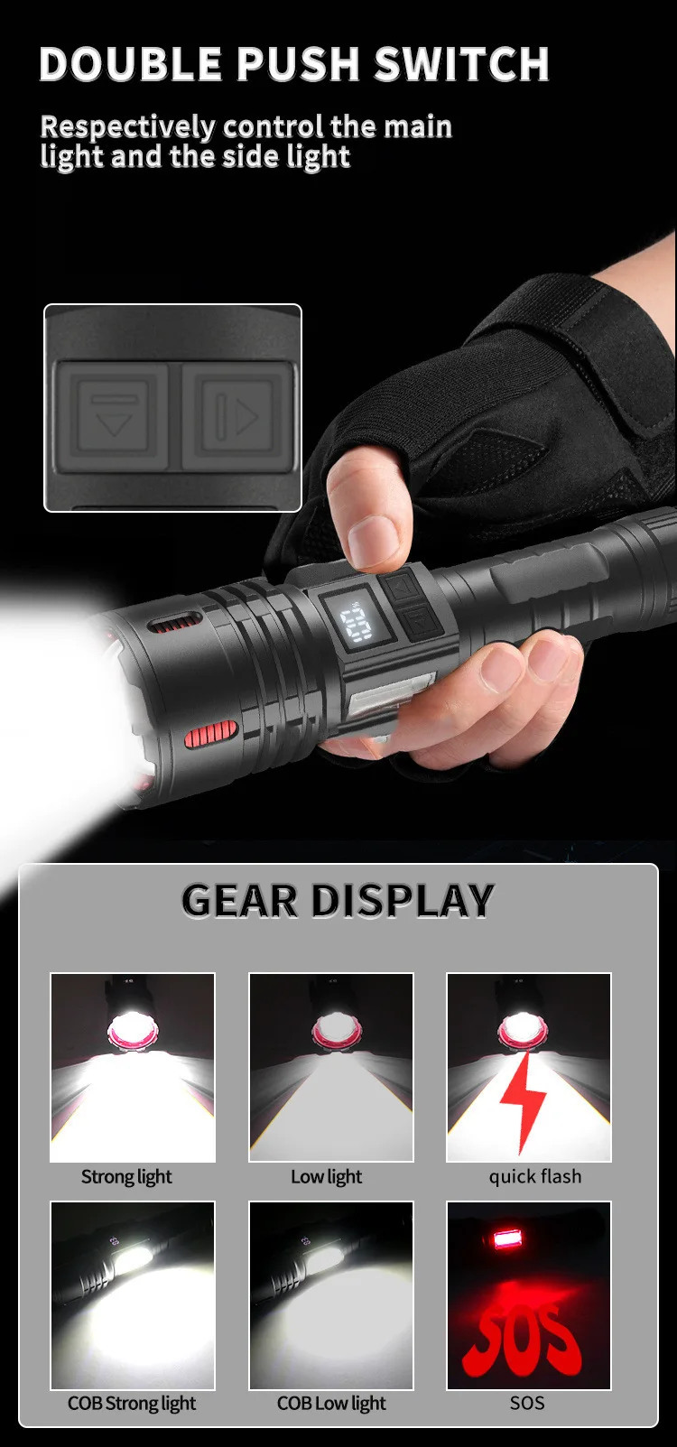 800W Portable LED Flashlight White Wick 9KM Long Throw USB-C Lantern COB Tactical Torch Zoom Input/Output Waterproof With Magnet