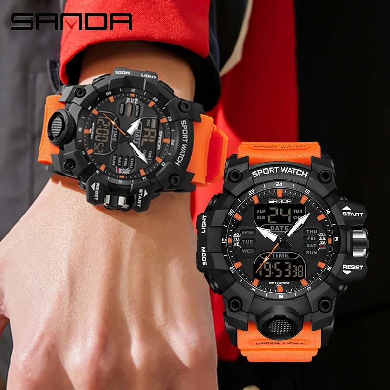 

SANDA Dual Display Men Watches Waterproof Sports Watch Military Man Alarm Stopwatch Quartz Wristwatch Male Digital Clock 6126