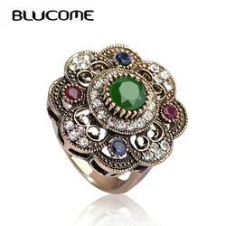 Blucome Vintage Round Green Flower Ring Antique Gold-color Crystal Resin Rings For Women Party Turkish Metal Jewelry Anel Anillo