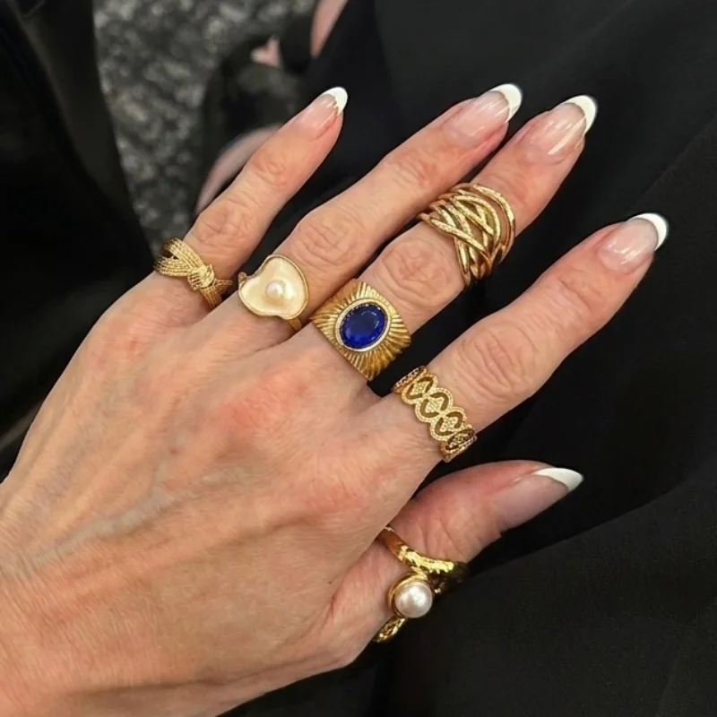Stainless Steel Vintage Knot Pearl Flower Ring for Women Ethnic Style Irregular Gemstone Stackable Finger Ring Jewelry