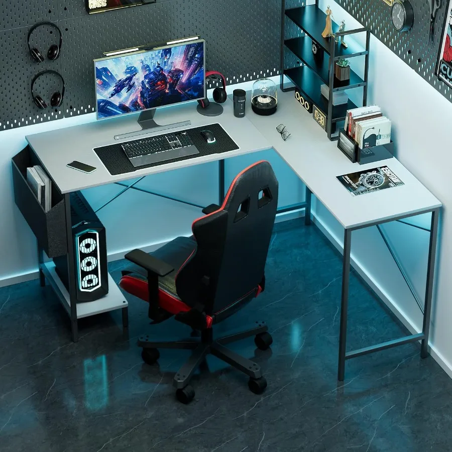 L Shaped Desk Gaming Computer 50 Inch Reversible Corner Table PC Work Table for Writing Study Student with Wood Tabletop Metal