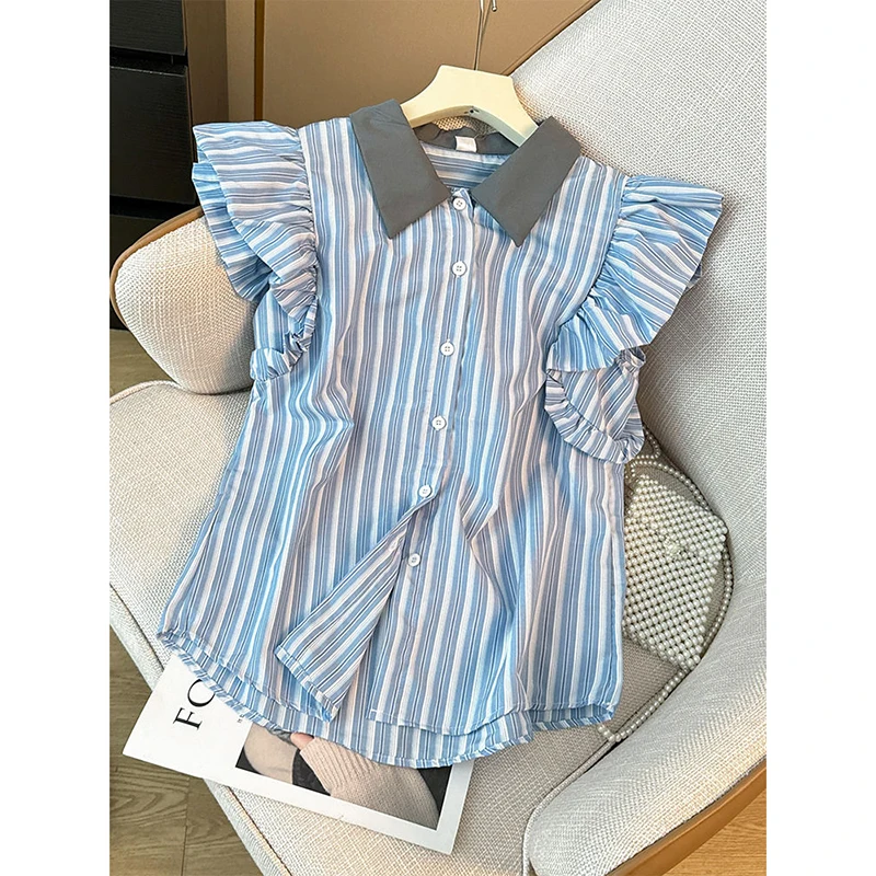 

Sweet Stripe Ne irt Flounce Sve Summer New Sle Korean Version Women's Loose Fit Polyester Fiber Casual irt