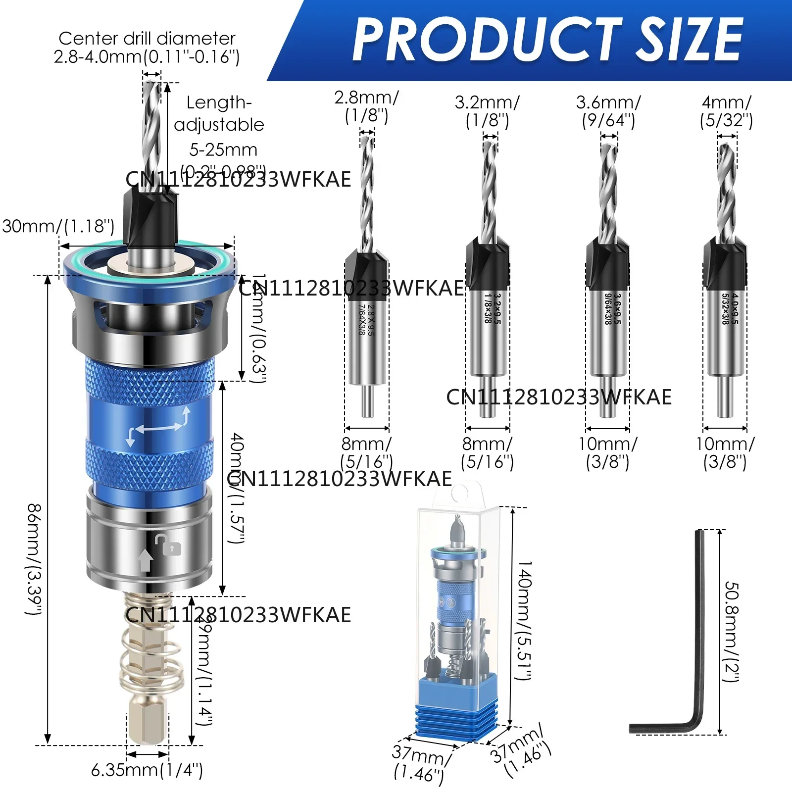 Woodworking Countersink Drill Bit Adjustable Depth Stop 4 Flute 1/4 Inch Hex Shank Pilot Hole Tool for Cabinet DIY Furniture