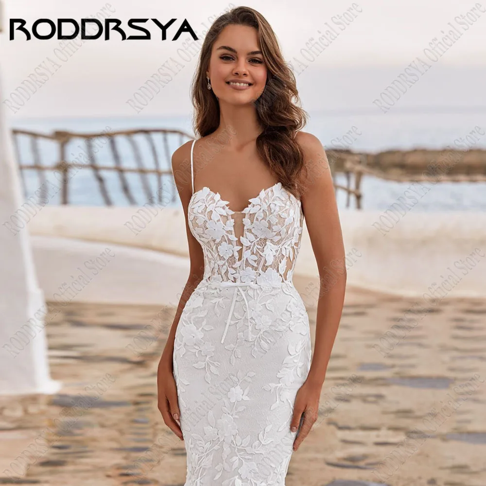 RODDRSYA Zeemeermin Trouwjurk Vrouwen Sexy Diepe V-hals Spaghettibandjes Bruidsjurk Appliques Illusie Backless Vestids De NoviaRODDRSYA Zeemeermin Bruidsjurk Vrouwen Sexy Diepe V-hals Spaghetti Riemen Bruidsjurk Appliq