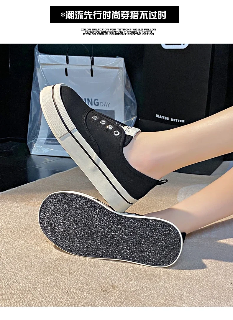 Summer Women Soft Canvas Shoes Low Top Thick Outsole Solid Colors Girls Black School Sneakers Slip on Breathable Sports Shoes