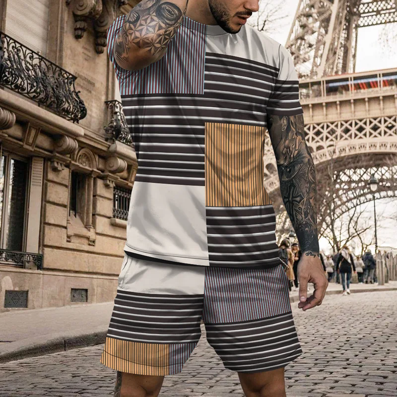 T-shirt manches courtes pour hommes, ensemble deux pièces, mode décontractée, tenues courtes, Streetwear, motifs géométriques imprimés Vintage, été 2023