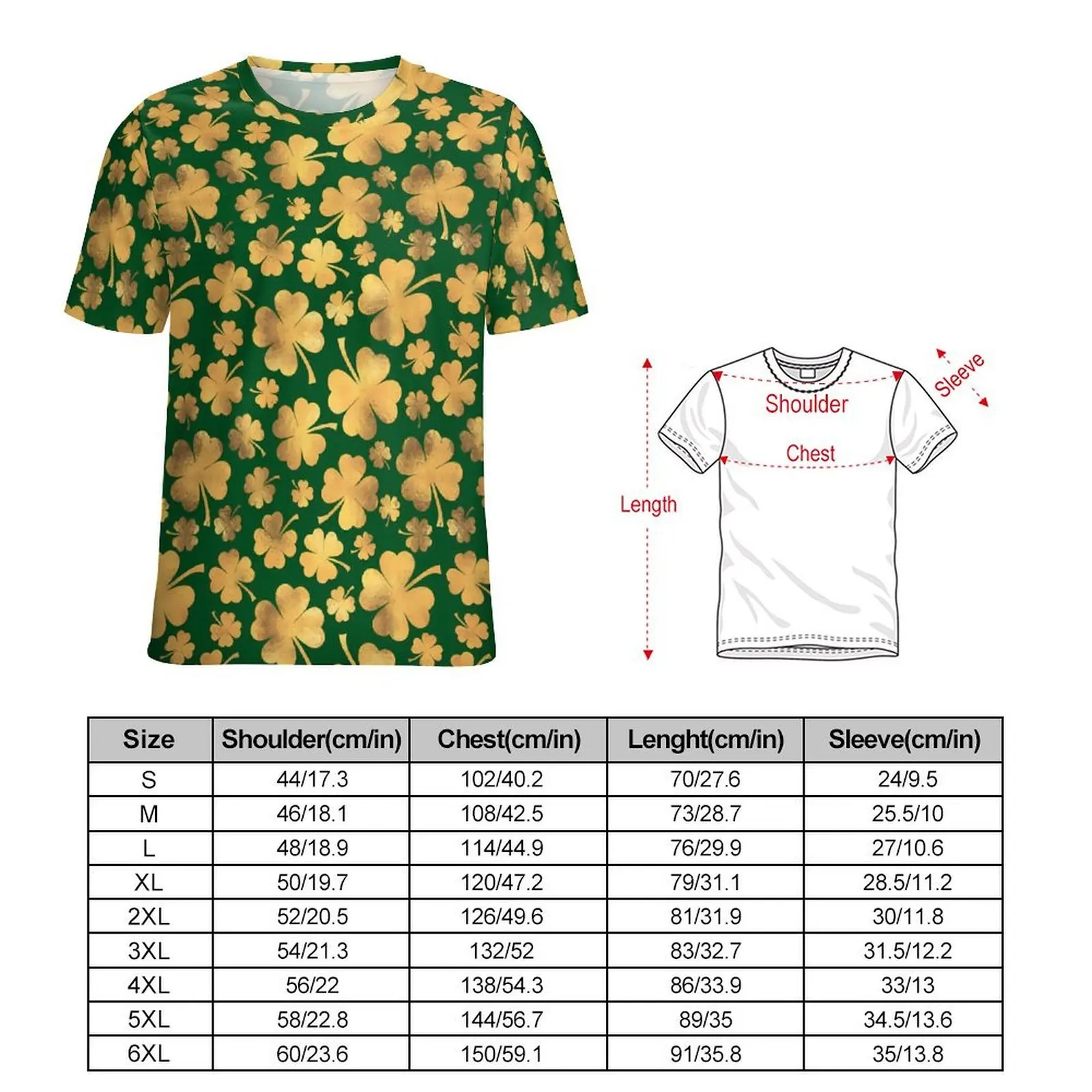 Gold Foil Shamrock T Shirt Lucky Clovers Vintage T-Shirts Men Casual Tee Shirt Summer Short Sleeves Design Tees Large Size