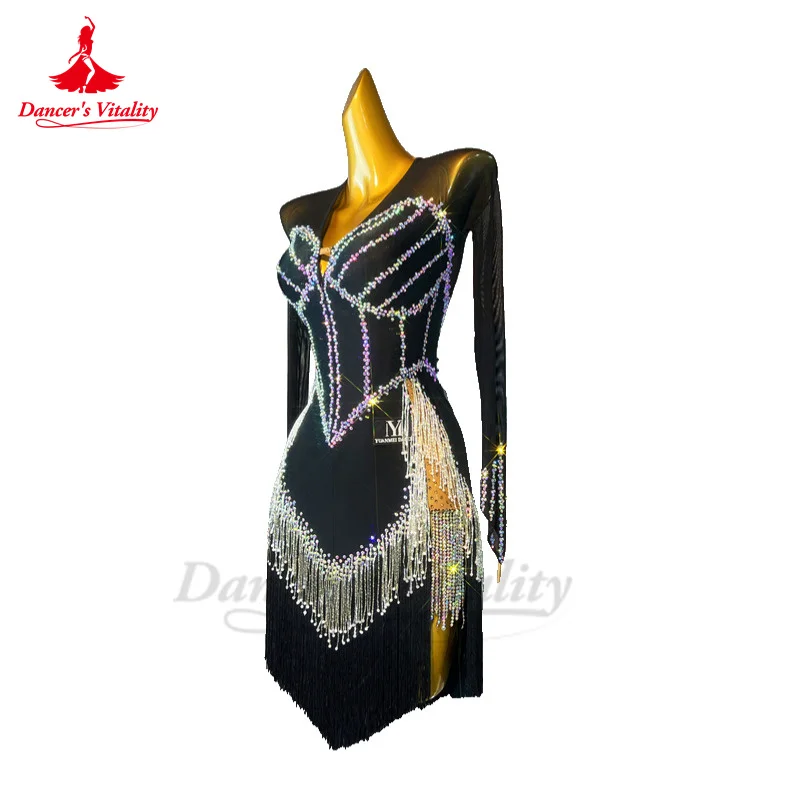 Latin Dance Performance Dress for Women Customsized Long Sleeves AB Stones Costumes Adult Children Rumba Chacha Latin Dresses