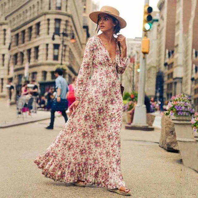 Sukienka maxi w kwiatowy wzór damska wiosna 2025 długi rękaw vintage głęboki dekolt V seksowna sukienka plażowa codzienna boho długa sukienka