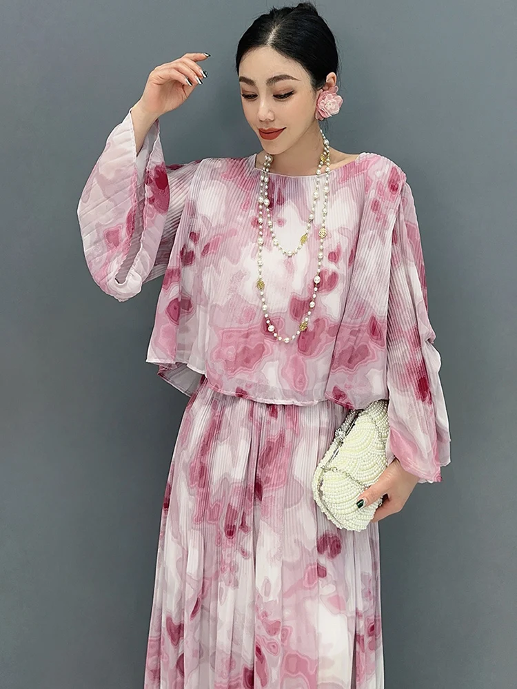 SHENGPALAE 2024 Spring New Women's 2 Piece Set Chiffon Printed Round Neck Top Wide Leg Pant Fashion Elegant Female Clothes R9811