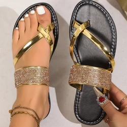Summer Women Flat Slippers Trendy Sparkle Rhinestone Sandals New Beach Dressy Slippers Slip on Bling Casual Shoes Slides Women