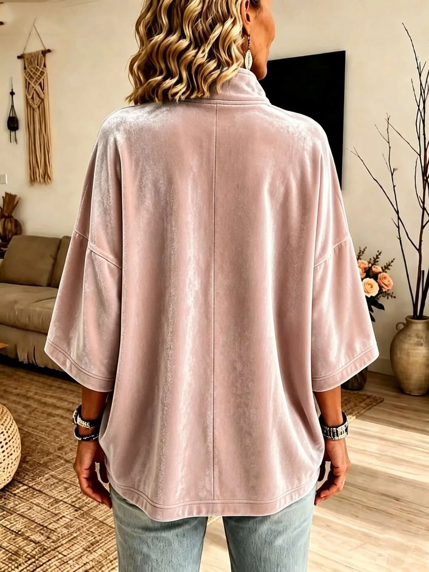 Autumn Winter Velvet Solid Half Zip Sweatshirts Stand Collar 3/4 Sleeve Loose Casual Pullover Tops Women Vacation Daily Hoodie