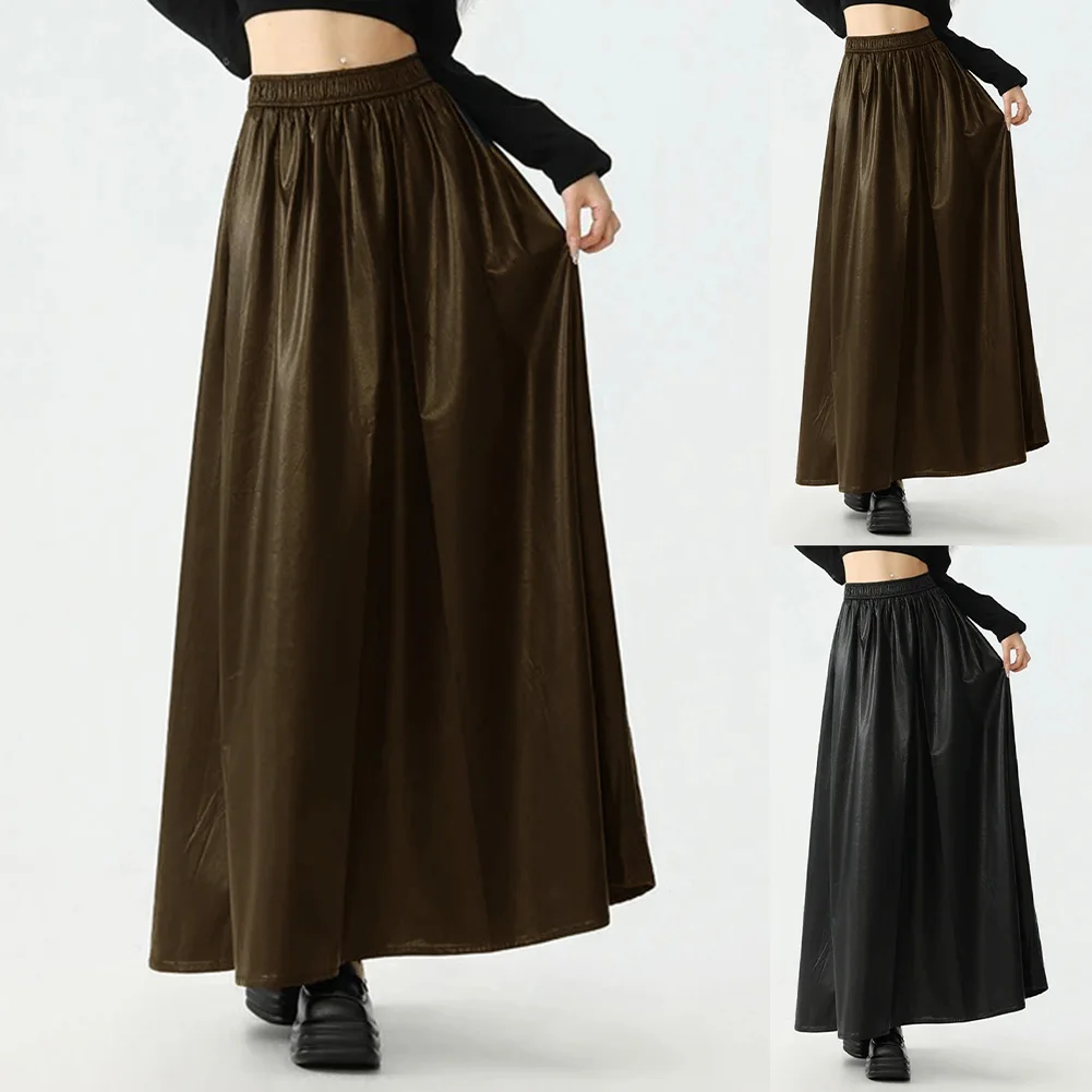 

Women's Elastic High Waist Solid Skirts Slim Mid-length A-line Pu Leather Skirt