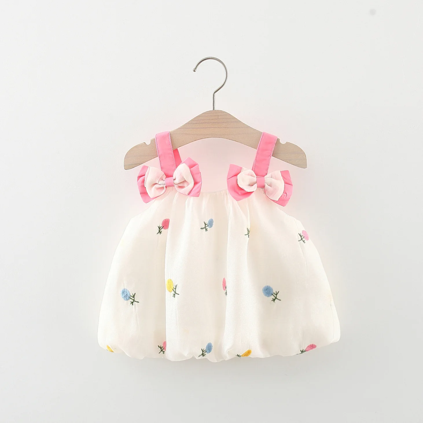 Summer New Girl Dress with Bow and Bubble Sleeves Sweet Princess Dress with Flower Embroidery (0-3 Year Old Girl)