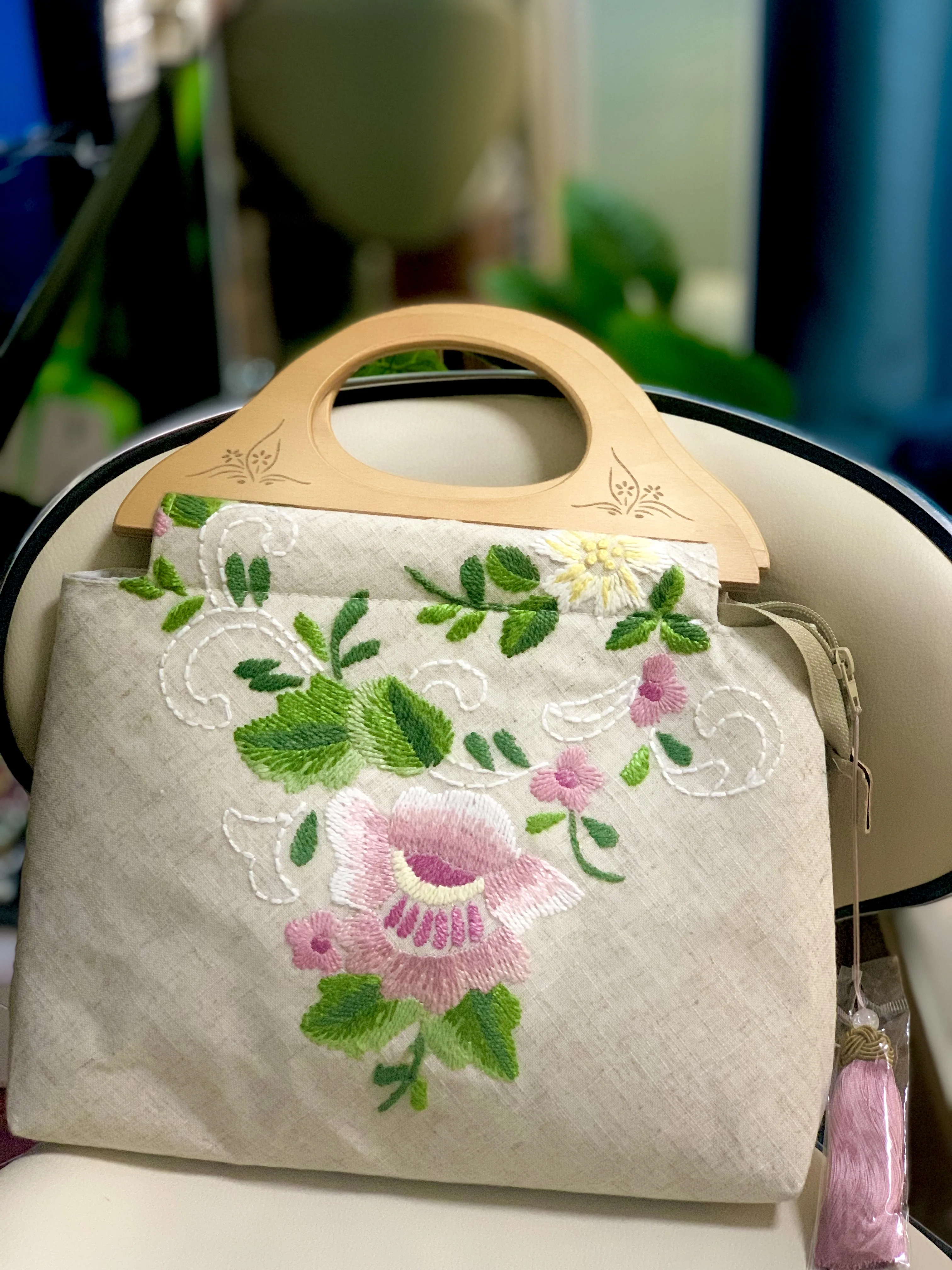 Lost in Vintage-Pochette Brodée Florale et Cuir oral elu, Poignée en Bois Naturel, Tissu en Coton, Sac à Main Boho pour Patients de Mariage, Sac à Bandoulière